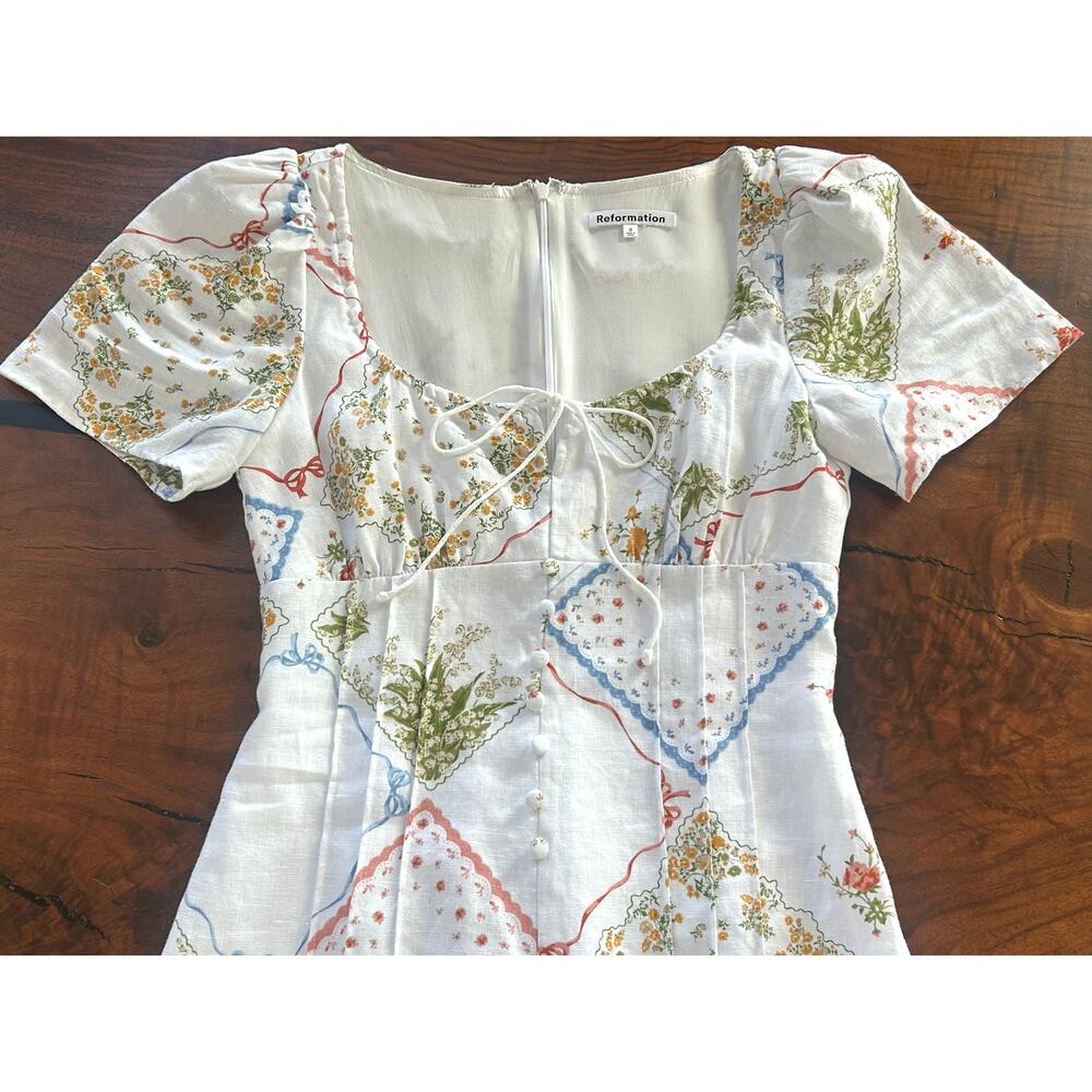 Rare Reformation Pierce Linen Midi Dress Coquette Floral Bows Size 0 Fits 2/4 S - Picture 5 of 8